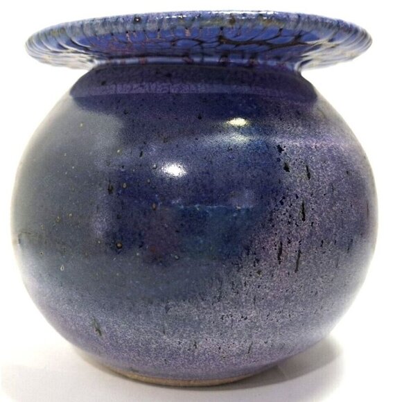 Blue Purple Glazed Rimmed Round Pottery Planter 5" Diameter 4.25" Height Signed - Picture 4 of 6